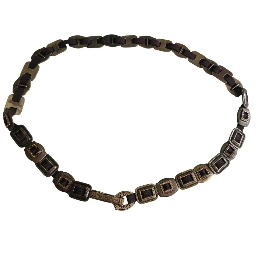 Chain Link Belt Womens 35 Inch Bronze Brown Rhinestone Boho Western Stretchy